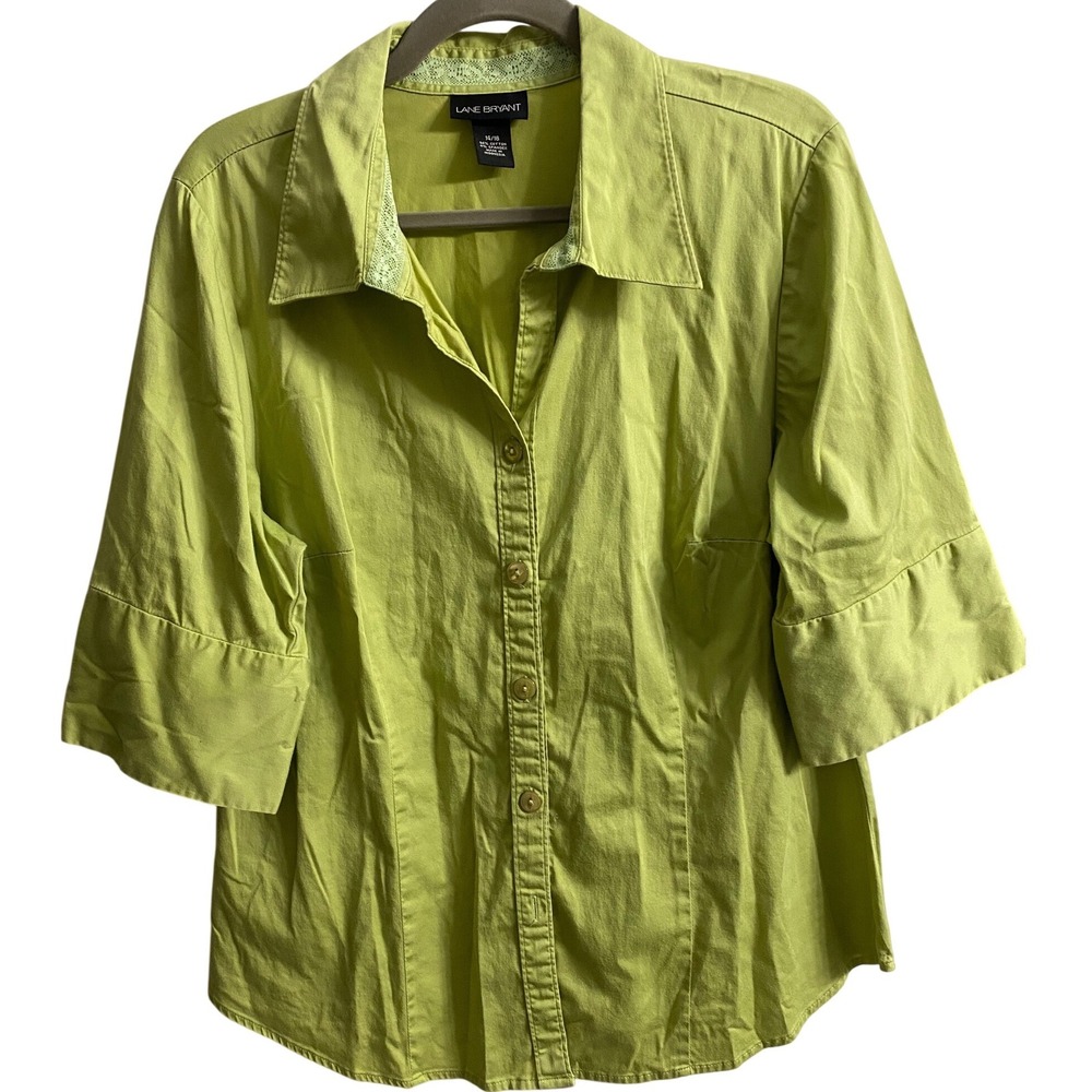 Lane Bryant Womens 14/16 Lime Green ButtonUp Shirt Lace Trim Elbow Sleeve Cotton